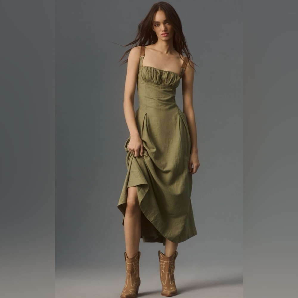Anthropologie Linen Utility Square-Neck A-Line Midi Dress Size S NWT